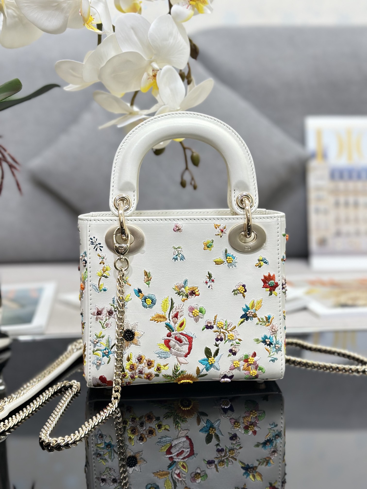 Mini Lady Dior Bag White Calfskin Embroidered with Flowers Beads